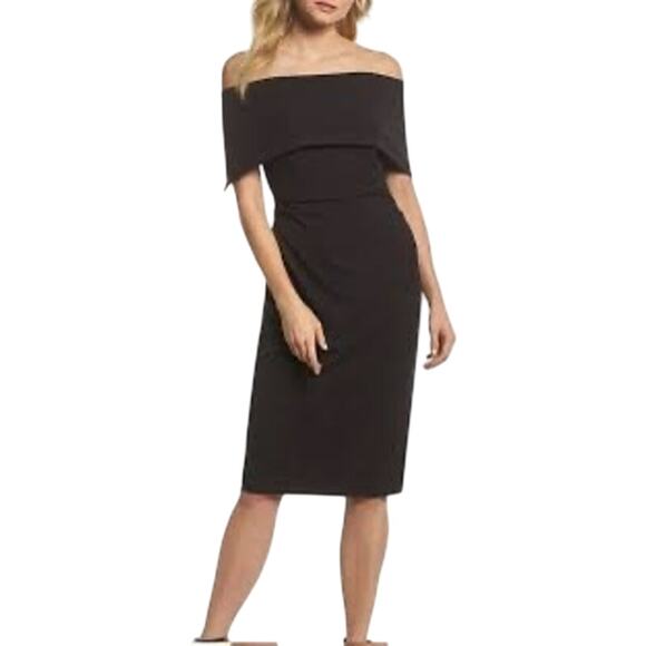 NWT VINCE CAMUTO Off-Shoulder Black Knee Length Cocktail Dress Ruched Waist Sz - Picture 1 of 16